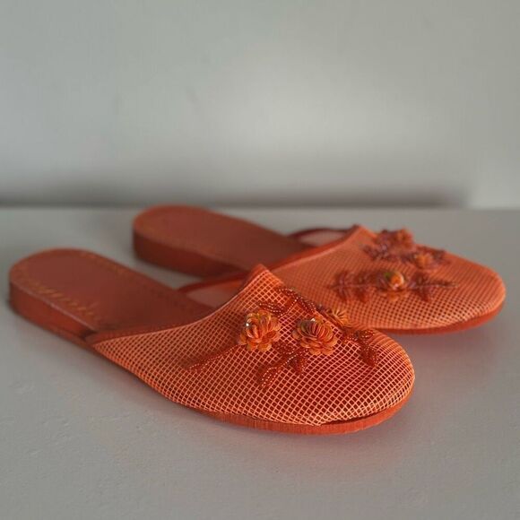 Peachy Orange Mesh Slippers With Sequin Flowers Size 10 - Picture 4 of 6